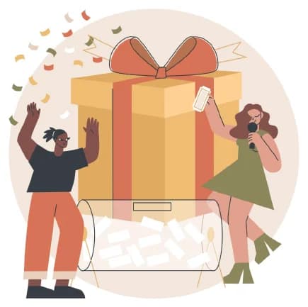 Dos personas celebrando junto a un gran regalo